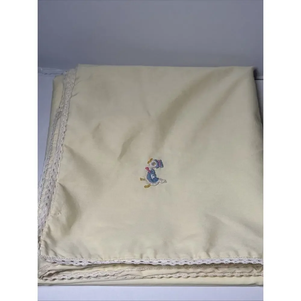 Vintage 1960s 70s Yellow Baby Blanket Embroidered Duck Crochet Lace Trim 43x39